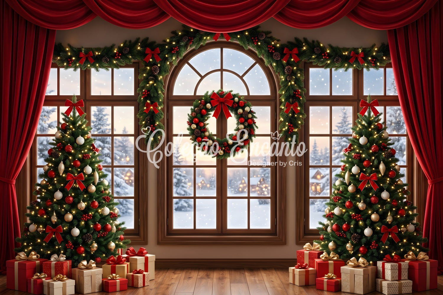Red Christmas Backdrop Red Draped Window Wreath Trees Photography Christmas Backdrop UK CEM65-145