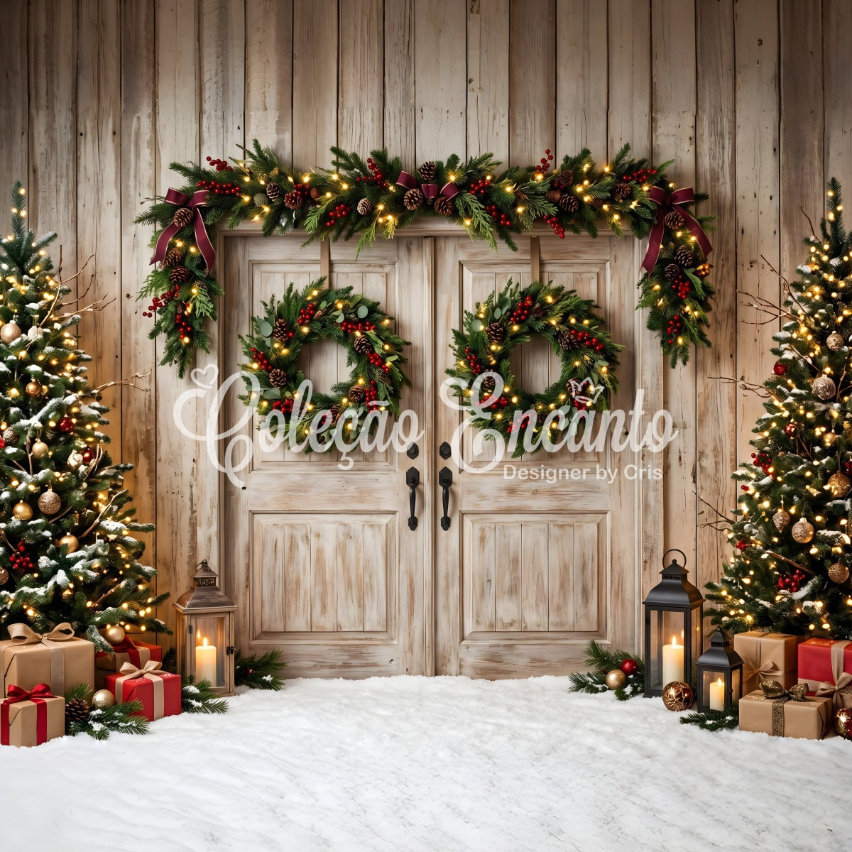 Rustic Christmas Backdrop Rustic Double Doors Wreath Trees Christmas Backdrop For Photoshoot UK CEM65-147