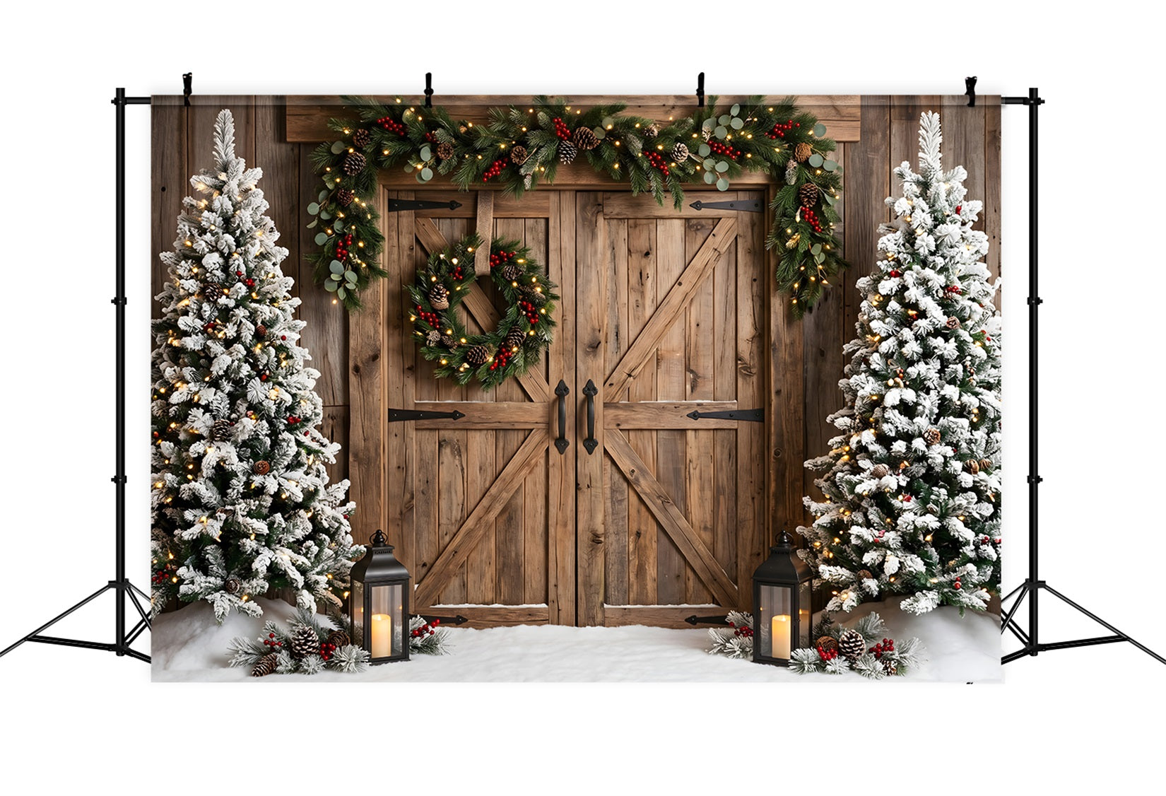 Rustic Christmas Backdrop Snowy Barn Doors Wreath Trees Christmas Studio Backdrop UK CEM65-149