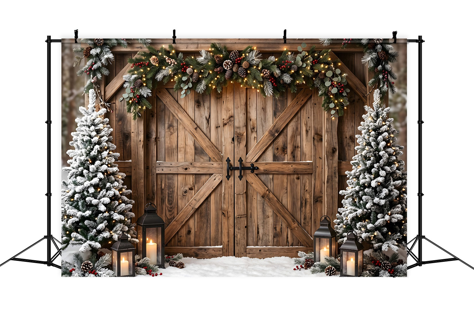 Winter Christmas Backdrop Rustic Barn Gate Garland Lanterns Christmas Backdrop Photoshoot UK CEM65-150