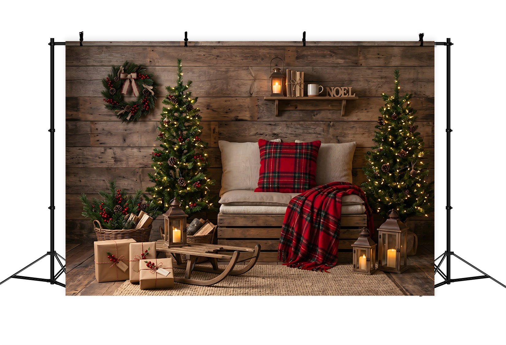 Simple Christmas Backdrop Cozy Plaid Cabin Sled Corner Best Christmas Photo Backdrops UK CEM65-151