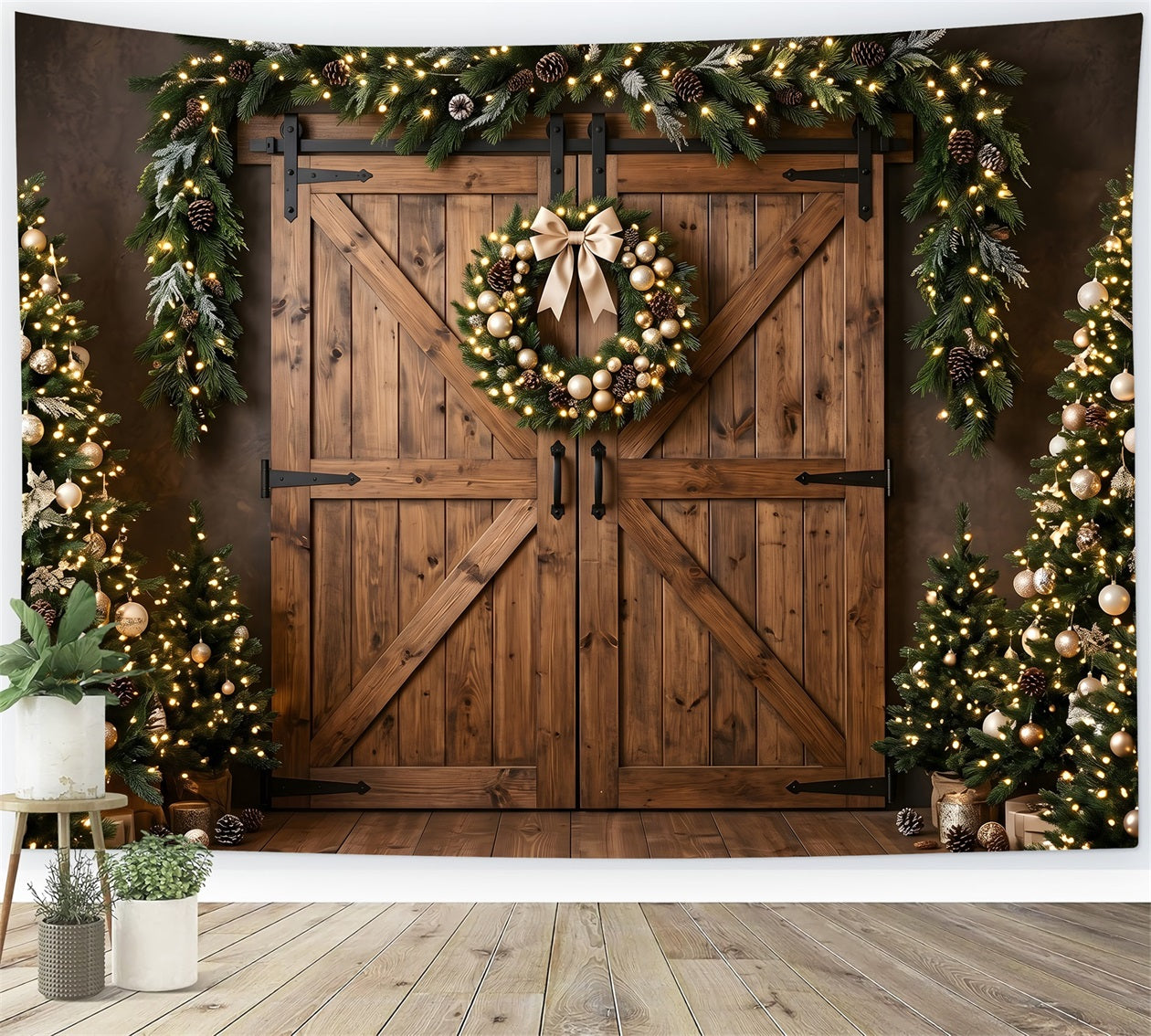 Christmas Barn Door Backdrop Golden Wreath Barn Doors Trees Photography Backdrop Christmas UK CEM65-152
