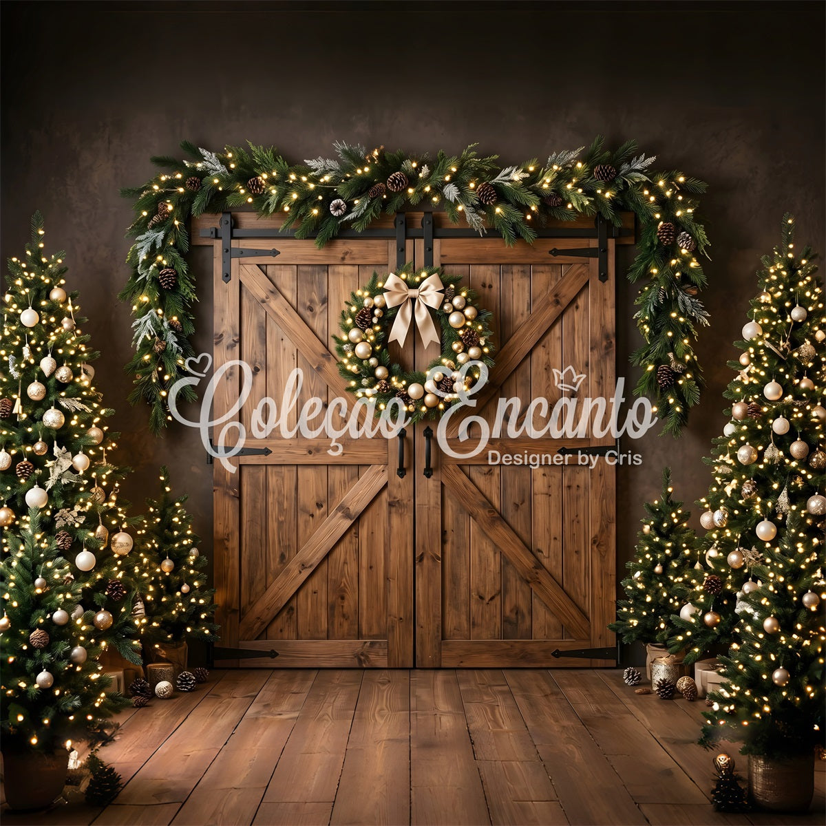 Christmas Barn Door Backdrop Golden Wreath Barn Doors Trees Photography Backdrop Christmas UK CEM65-152