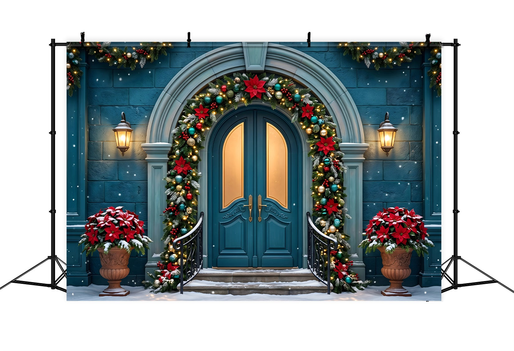 Christmas Backdrop Teal Arched Door Poinsettia Garland Christmas Photo Booth Backdrops UK CEM65-153
