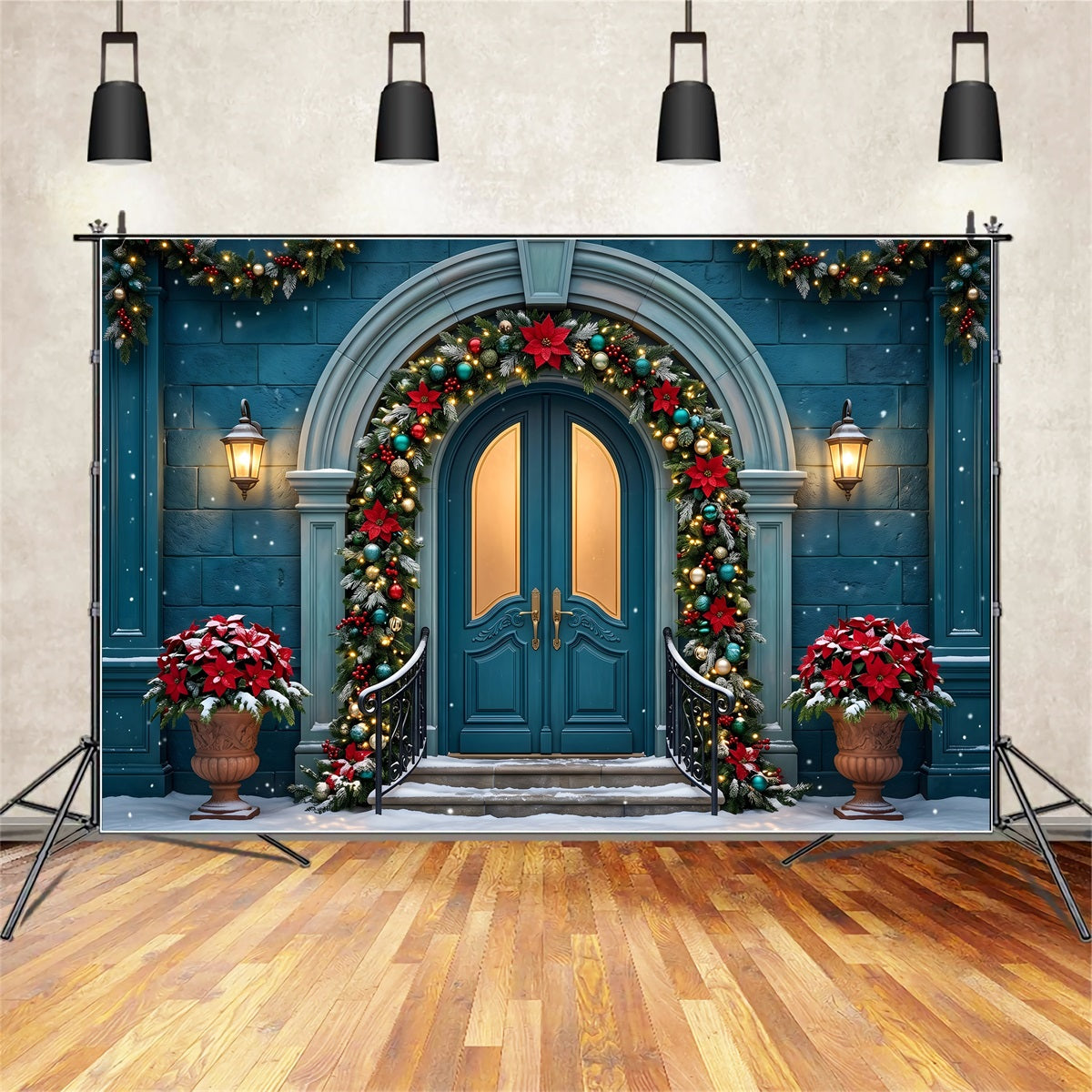 Christmas Backdrop Teal Arched Door Poinsettia Garland Christmas Photo Booth Backdrops UK CEM65-153