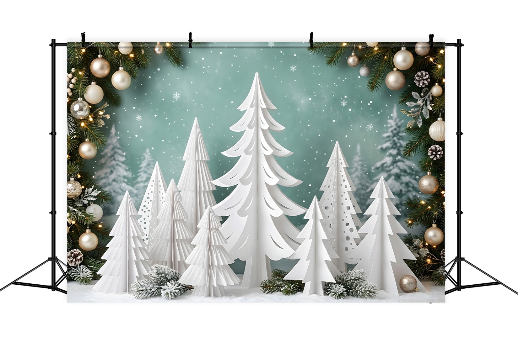 Photography Backdrops Christmas White Paper Pine Forest Ornaments Christmas Backdrop UK CEM65-154