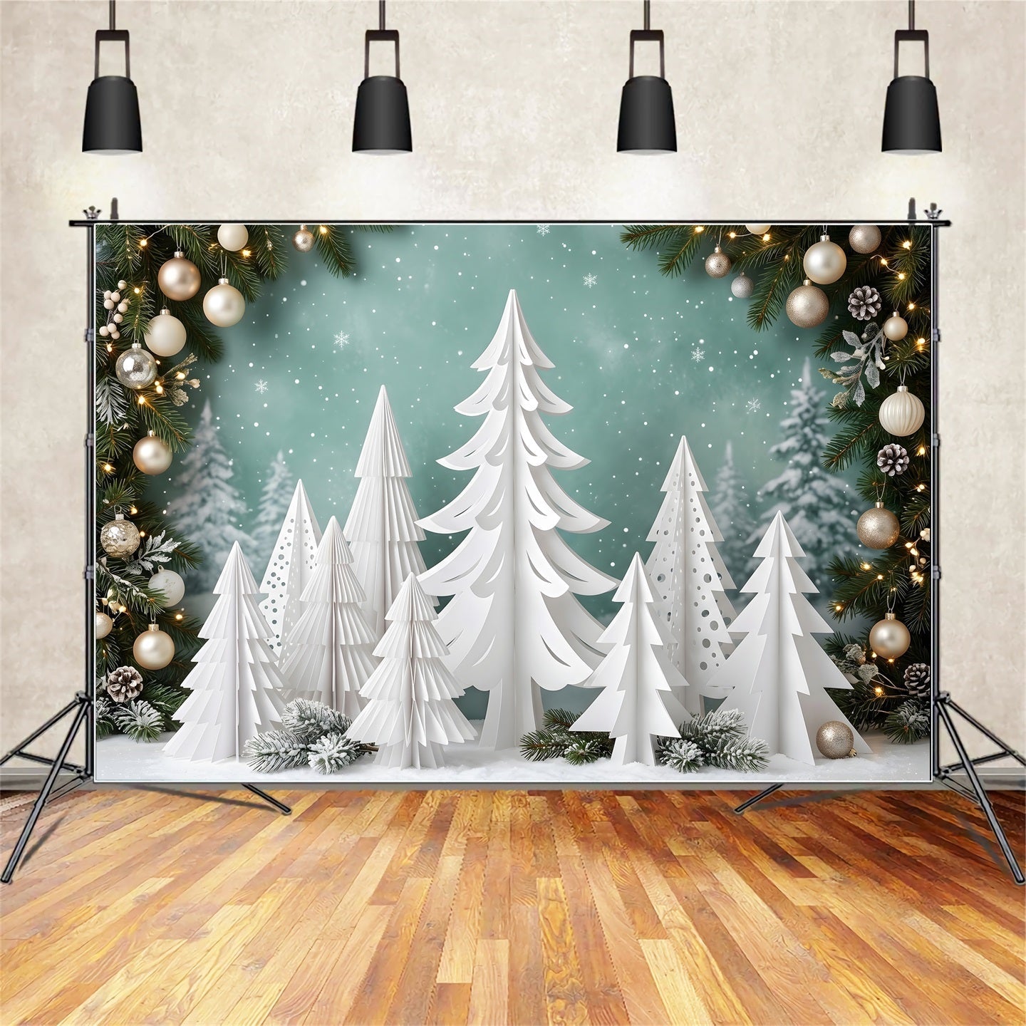 Photography Backdrops Christmas White Paper Pine Forest Ornaments Christmas Backdrop UK CEM65-154