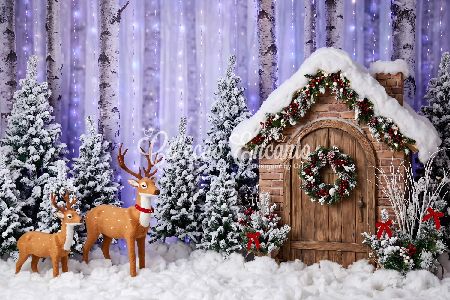 Christmas Forest Backdrop Purple Birch Forest Deer Cottage Christmas Photo Backdrop UK CEM65-156