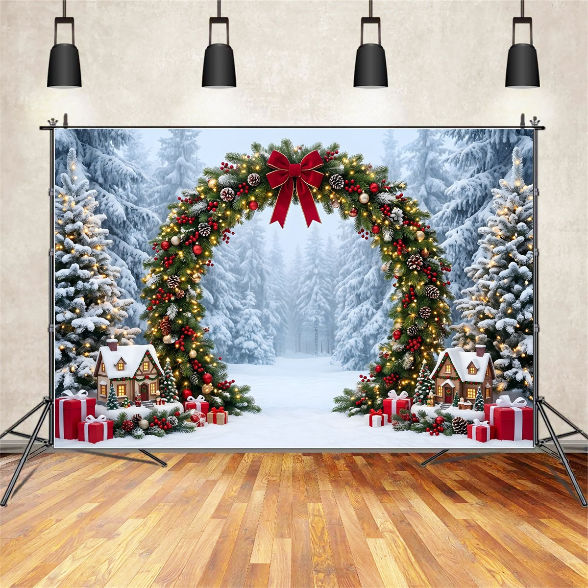 Christmas Wonderland Backdrop Snowy Evergreen Garland Cottage Arch Christmas Backdrop For Photos UK CEM65-157