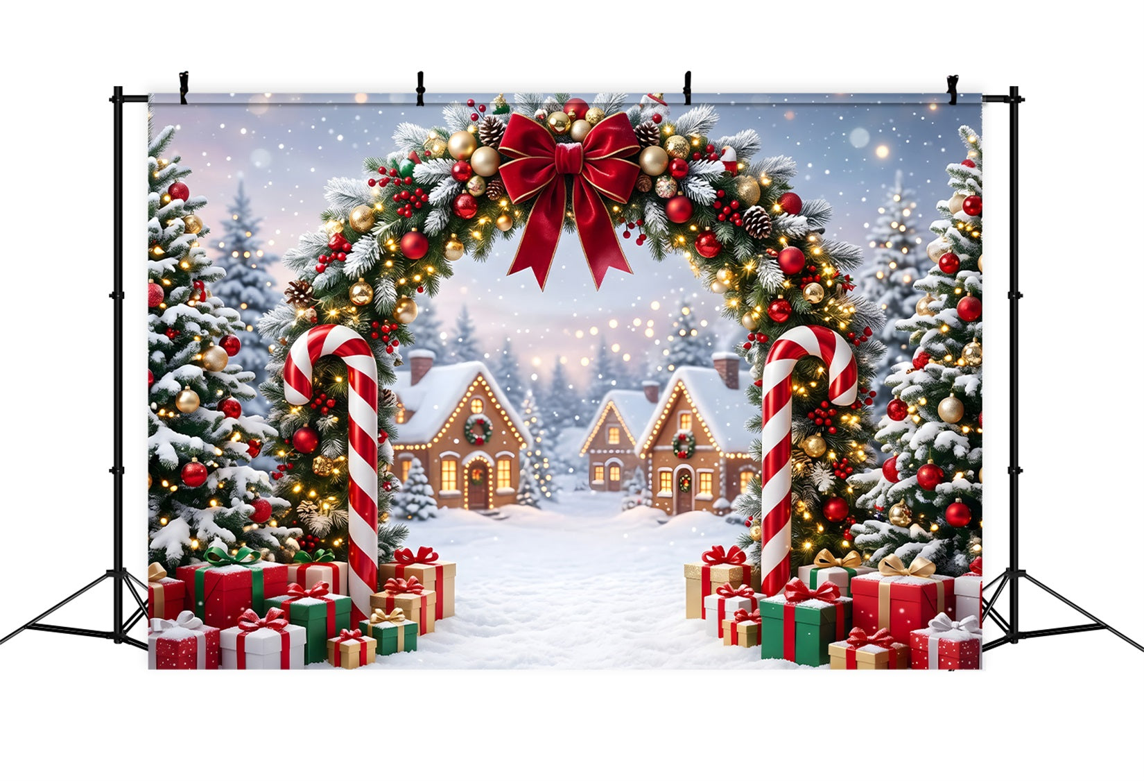 Backdrop For Christmas Pictures Candy Cane Garland Snowy Village Christmas Backdrops UK CEM65-161