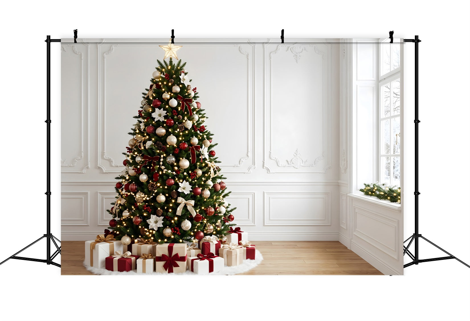 Indoor Christmas Backdrop Elegant Poinsettia Tree Gift Corner Professional Christmas Backdrops UK CEM65-163