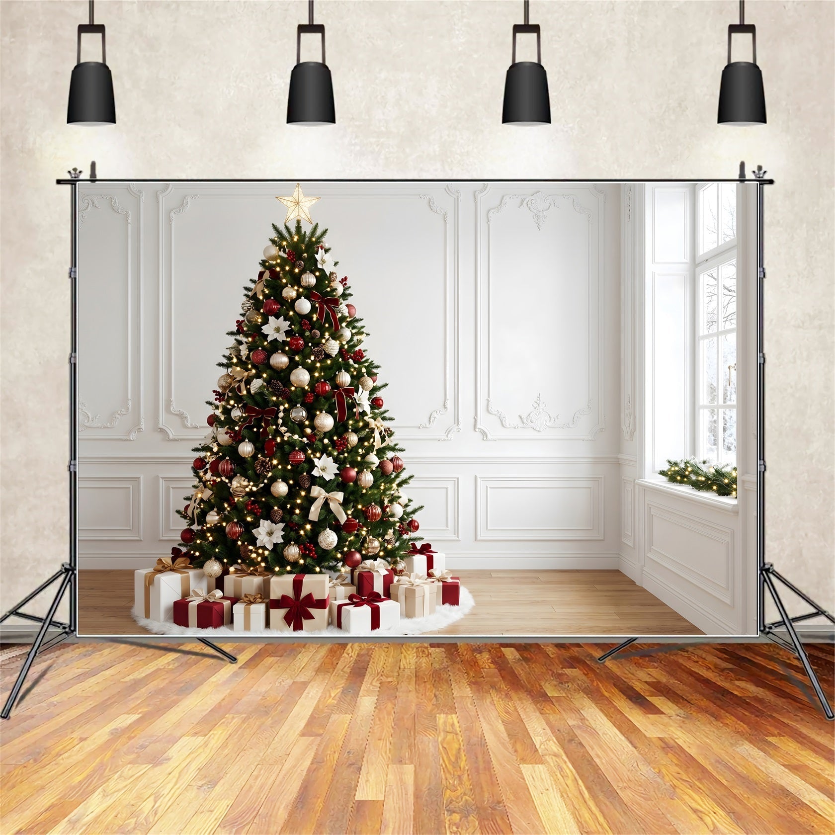 Indoor Christmas Backdrop Elegant Poinsettia Tree Gift Corner Professional Christmas Backdrops UK CEM65-163