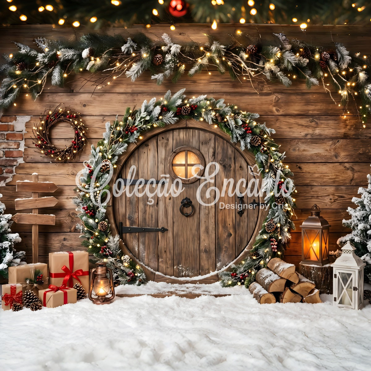 Snow Christmas Backdrop Rustic Round Door Garland Lanterns Christmas Photography Backdrops UK CEM65-164