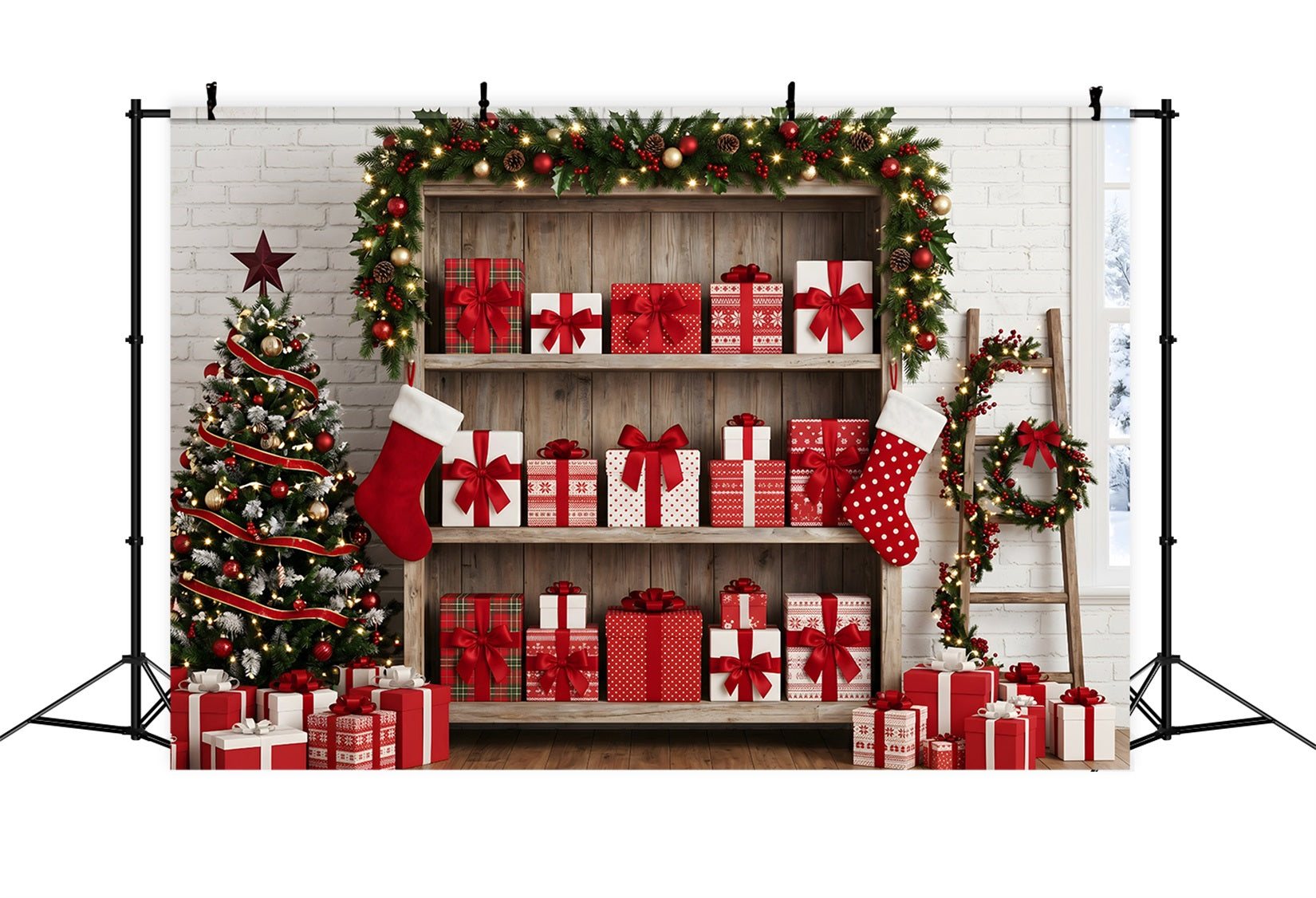 Christmas Themed Backdrop Festive Gift Shelf Stocking Display Christmas Backdrop Photography UK CEM65-165