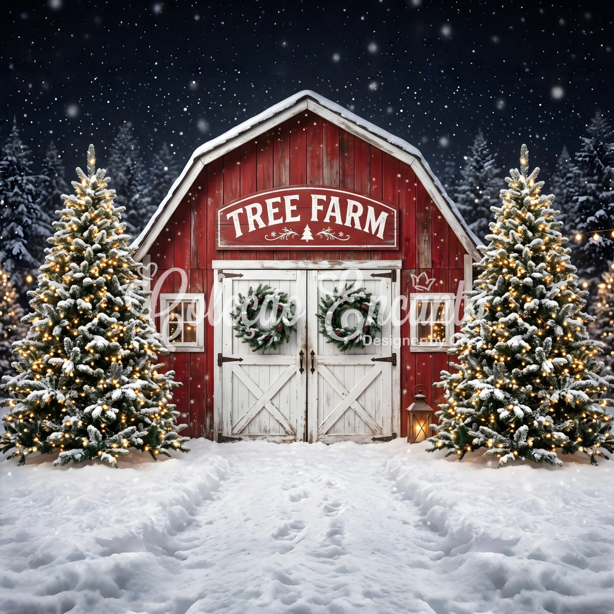 Christmas Tree Farm Backdrop Snowy Tree Farm Barn Entrance Christmas Picture Backdrop UK CEM65-166