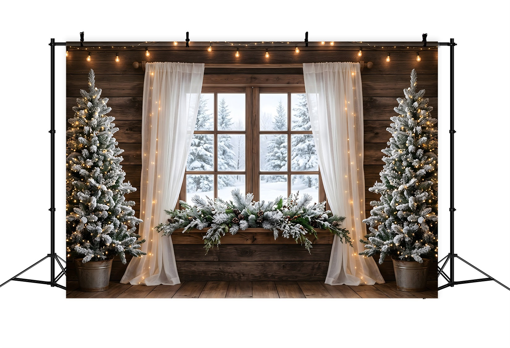 Christmas Party Backdrop Ideas Rustic Snowy Window Curtain Lights Christmas Photo Backdrop Ideas UK CEM65-167