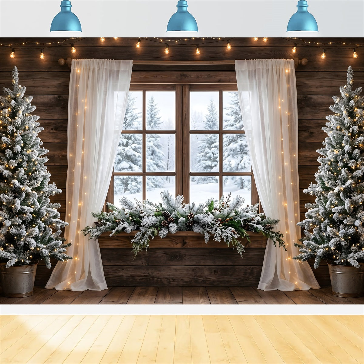 Christmas Party Backdrop Ideas Rustic Snowy Window Curtain Lights Christmas Photo Backdrop Ideas UK CEM65-167