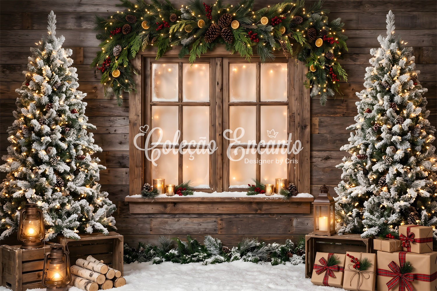 Christmas Trees Backdrop Rustic Window Garland Lantern Gifts Christmas Photo Booth Backdrop UK CEM65-168