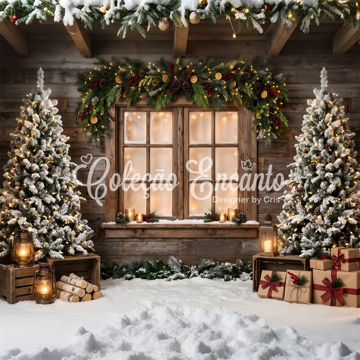 Christmas Trees Backdrop Rustic Window Garland Lantern Gifts Christmas Photo Booth Backdrop UK CEM65-168
