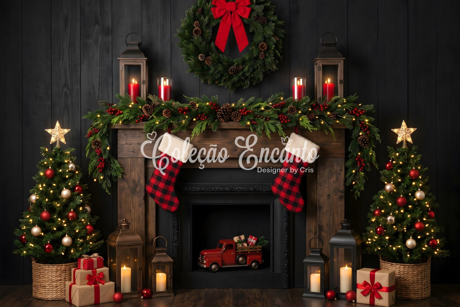Fireplace Backdrop Christmas Dark Rustic Truck Lanterns Christmas Backdrops Photography UK CEM65-171