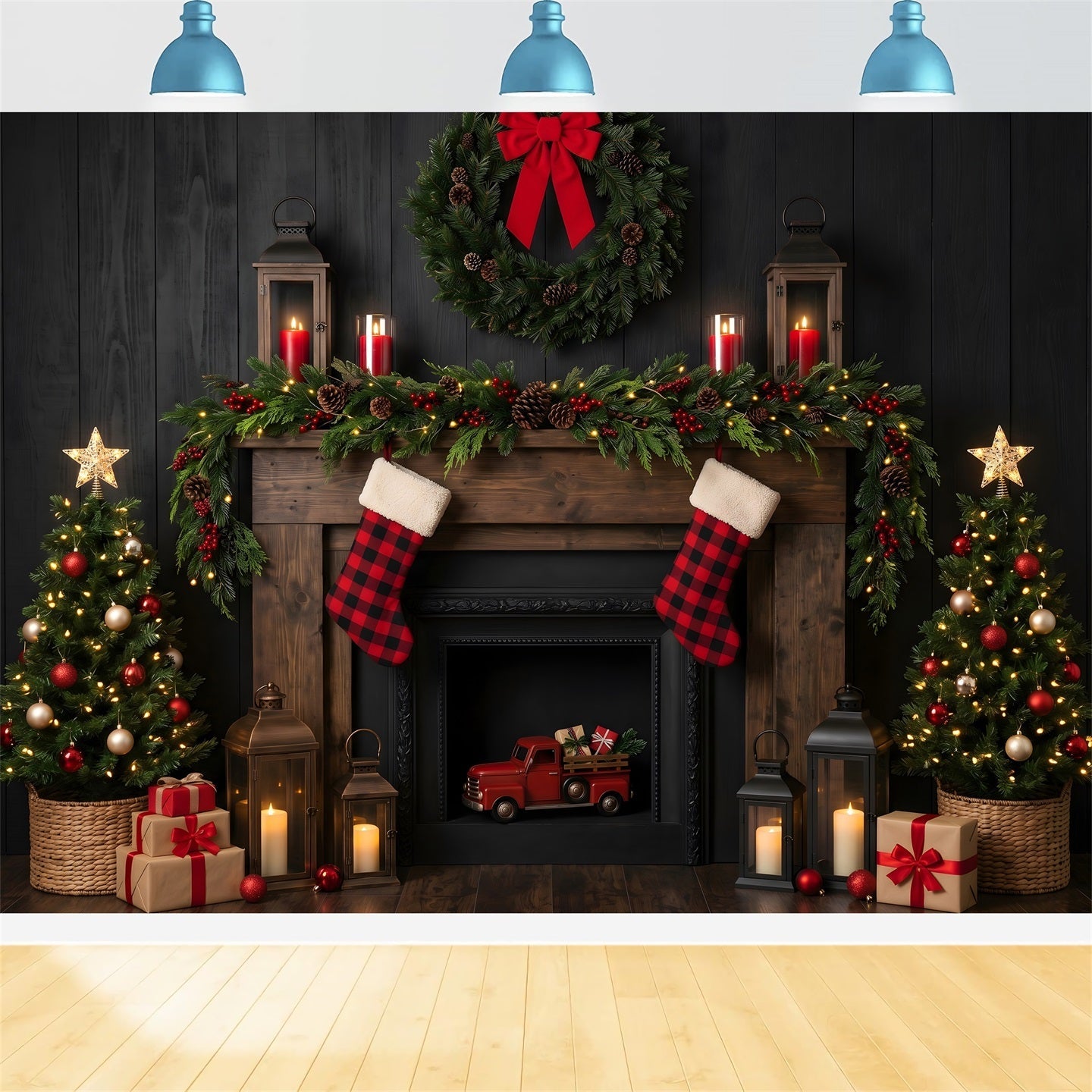 Fireplace Backdrop Christmas Dark Rustic Truck Lanterns Christmas Backdrops Photography UK CEM65-171