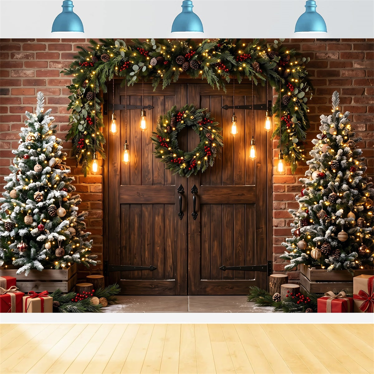Christmas Light Backdrop Brick Barn Door Edison Lights Christmas Backdrop For Photography UK CEM65-172