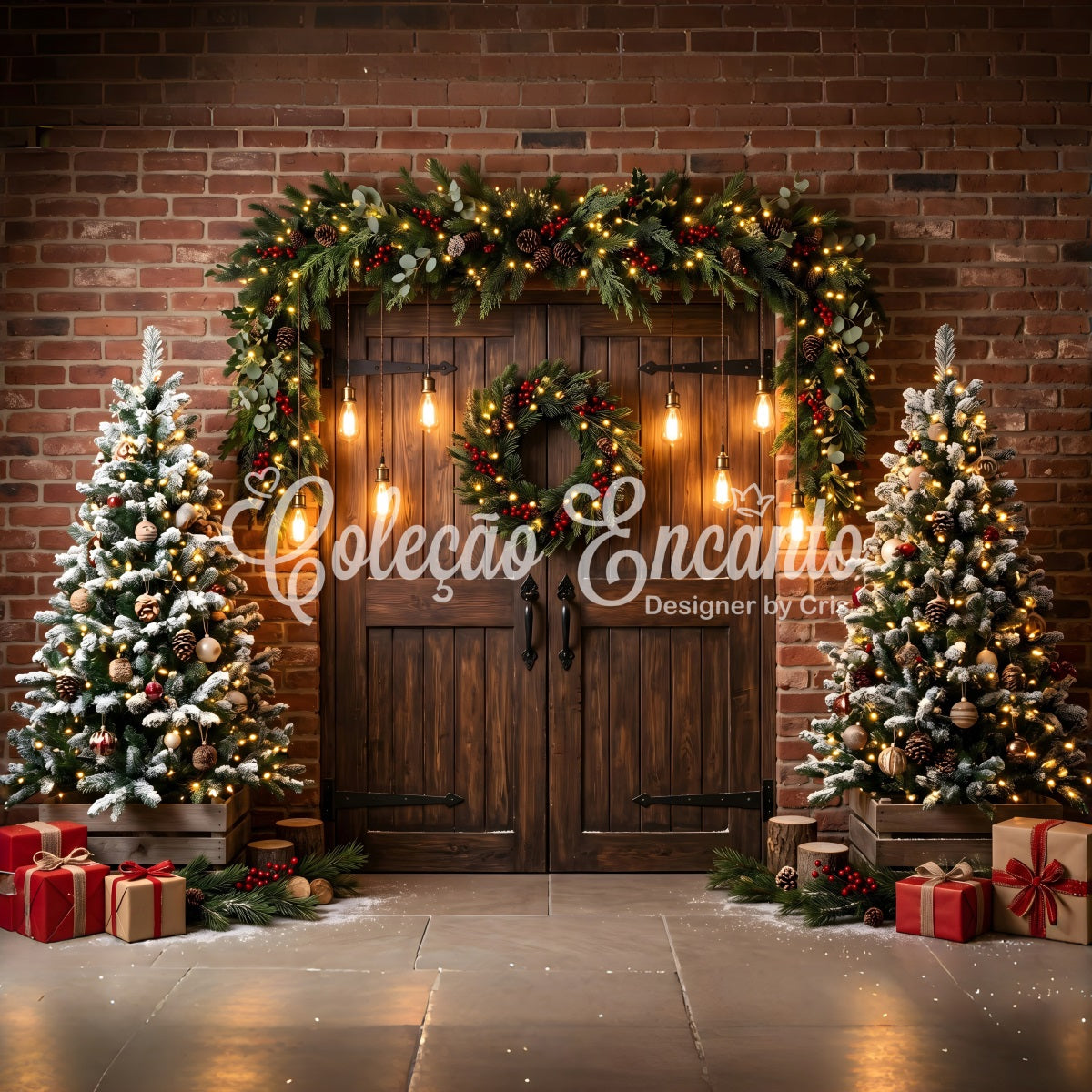 Christmas Light Backdrop Brick Barn Door Edison Lights Christmas Backdrop For Photography UK CEM65-172