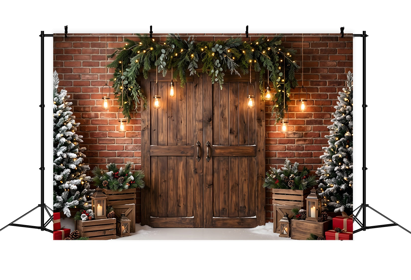 Christmas Theme Backdrops Brick Door Evergreen Hanging Lanterns Photography Christmas Backdrops UK CEM65-173