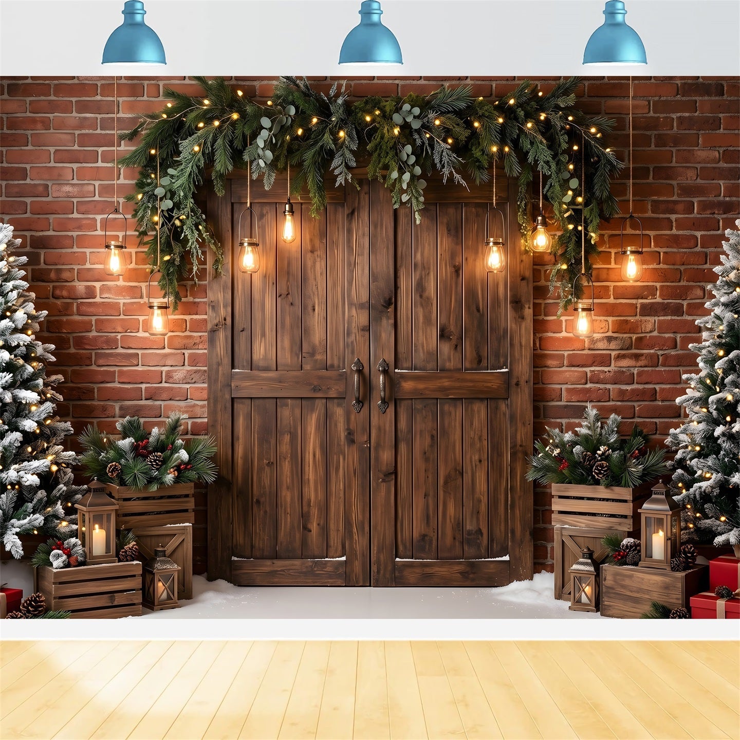 Christmas Theme Backdrops Brick Door Evergreen Hanging Lanterns Photography Christmas Backdrops UK CEM65-173
