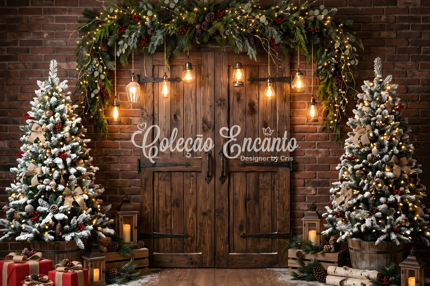 Christmas Barn Door Backdrop Rustic Barn Door Edison Lights Christmas Photoshoot Backdrop UK CEM65-174