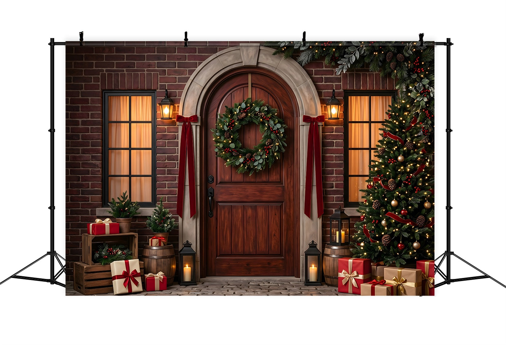 Christmas Photobooth Backdrop Arched Brick Door Wreath Gifts Christmas Backdrop For Pictures UK CEM65-175