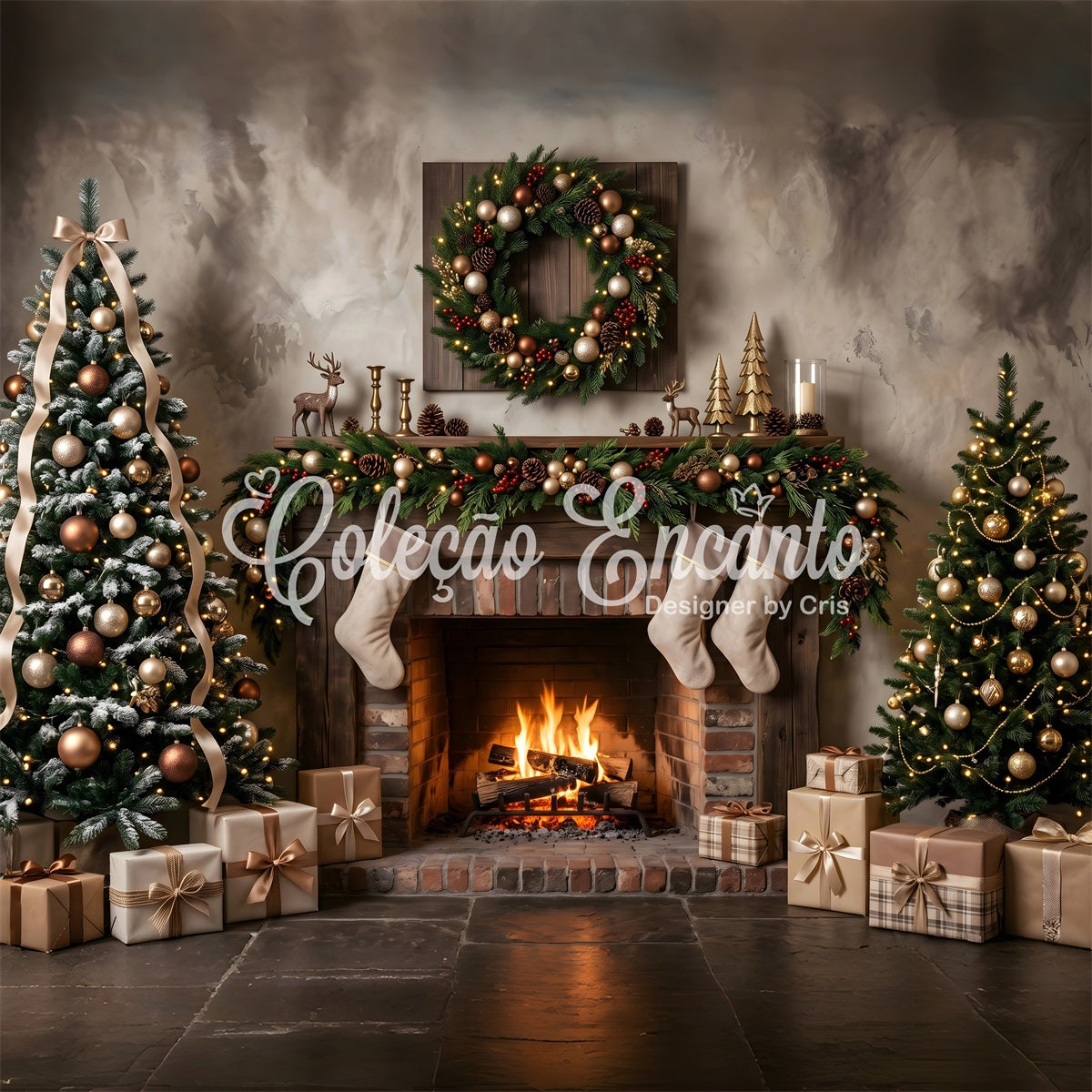 Fireplace Christmas Backdrop Neutral Fireplace Stockings Gold Trees Photo Booth Christmas Backdrop UK CEM65-176
