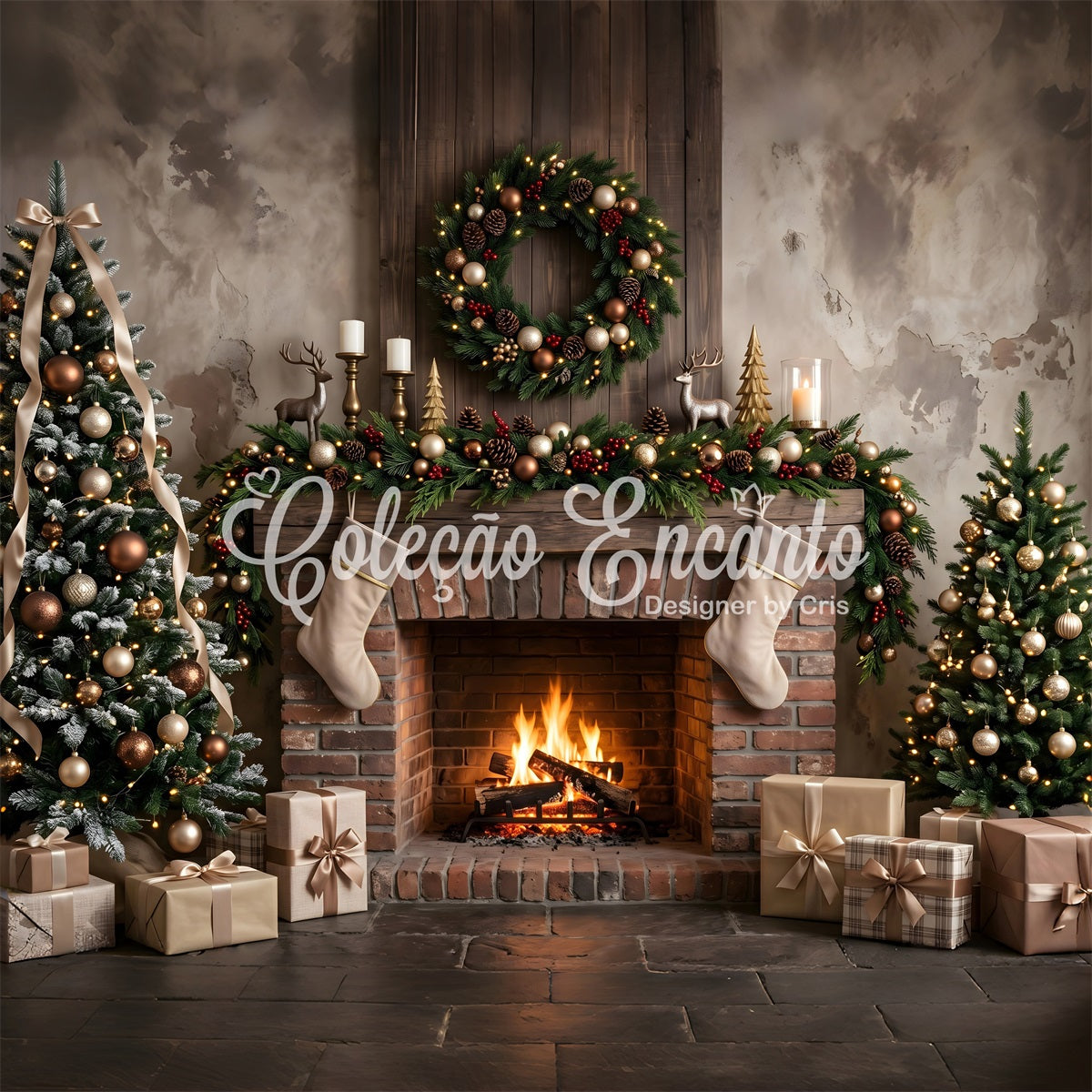 Christmas Fireplace Photo Backdrop Neutral Brick Stockings Trees Christmas Backdrops UK CEM65-177