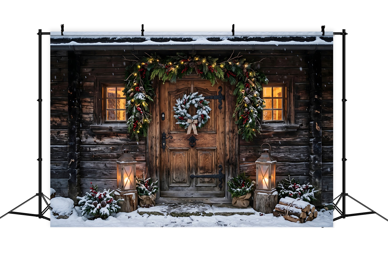 Backdrops For Christmas Photos Snowy Rustic Cabin Door Lanterns Studio Backdrops Christmas Backdrop UK CEM65-178