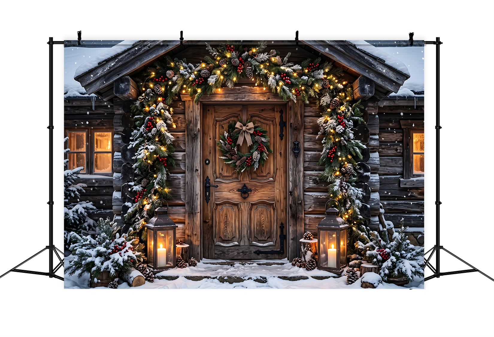 Christmas Village Backdrop Ideas Frosted Log Cabin Garland Entrance Photography Christmas Backdrop UK CEM65-179
