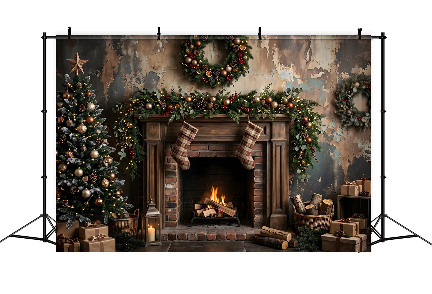 Christmas Fireplace Backdrops Moody Rustic Fireplace Stockings Christmas Photobooth Backdrop UK CEM65-180
