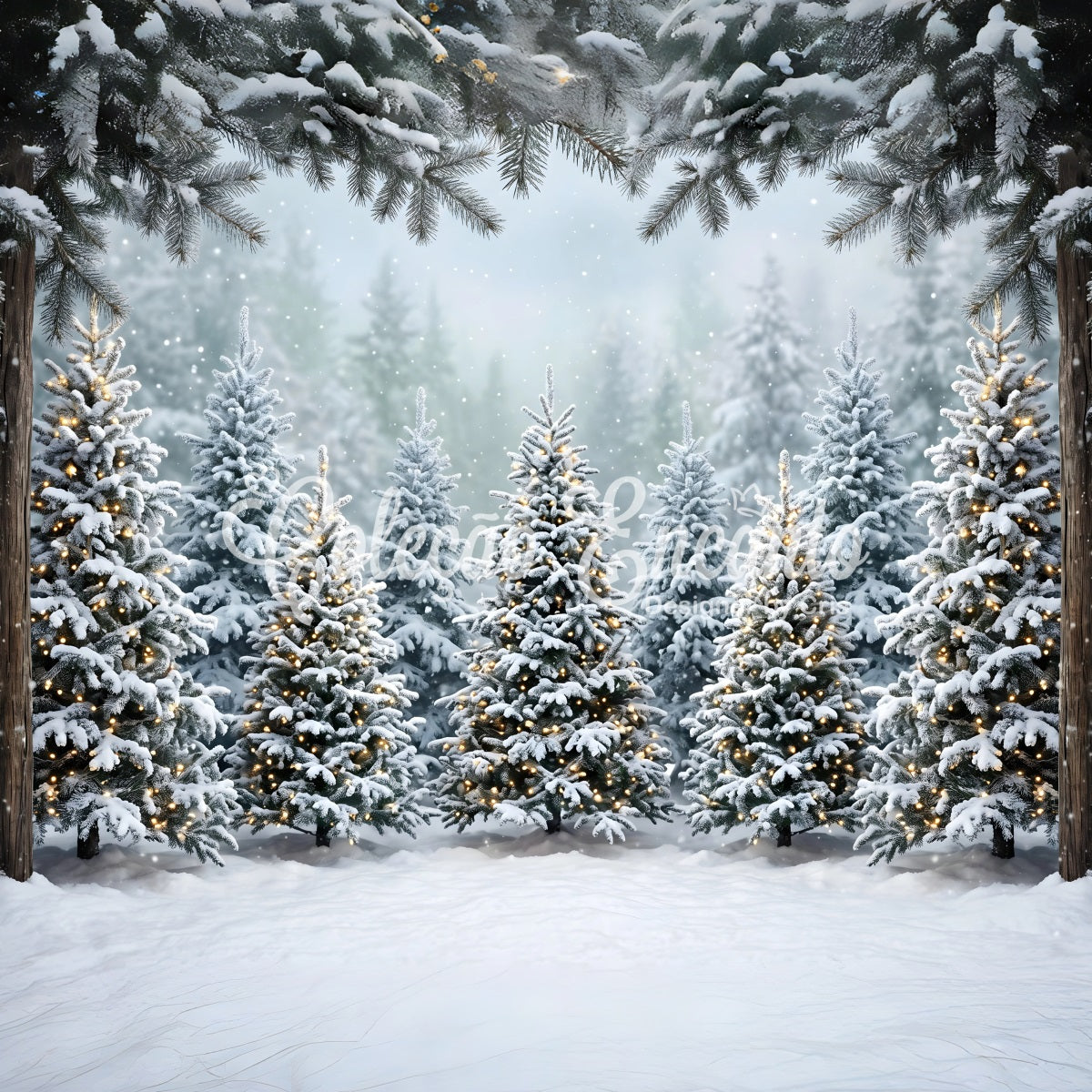 Christmas Forest Backdrop Snowy Fir Forest Warm Lights Backdrop Christmas Photo Booth UK CEM65-182