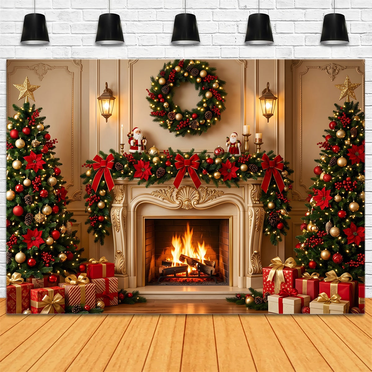 Christmas Backdrop Golden Ornate Fireplace Wreath Trees Best Christmas Photo Backdrops UK CEM65-185
