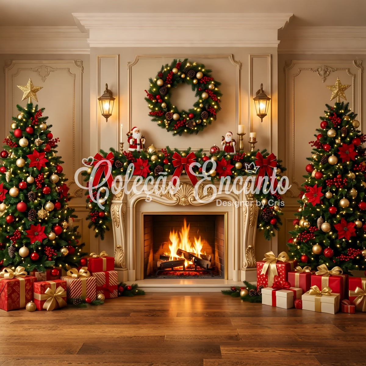 Christmas Backdrop Golden Ornate Fireplace Wreath Trees Best Christmas Photo Backdrops UK CEM65-185