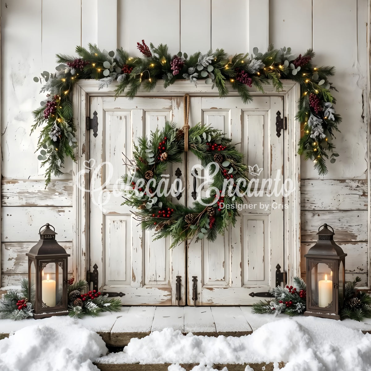 Best Christmas Backdrops For Photography White Door Hanging Wreath Backdrop Christmas UK CEM65-186