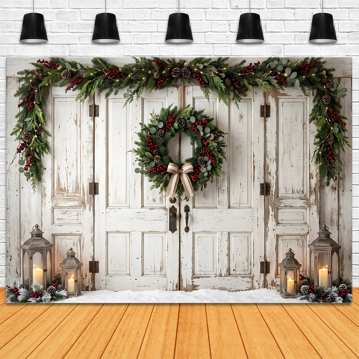 10x20 Christmas Backdrop Vintage White Door Bow Wreath Christmas Photo Booth Backdrops UK CEM65-187