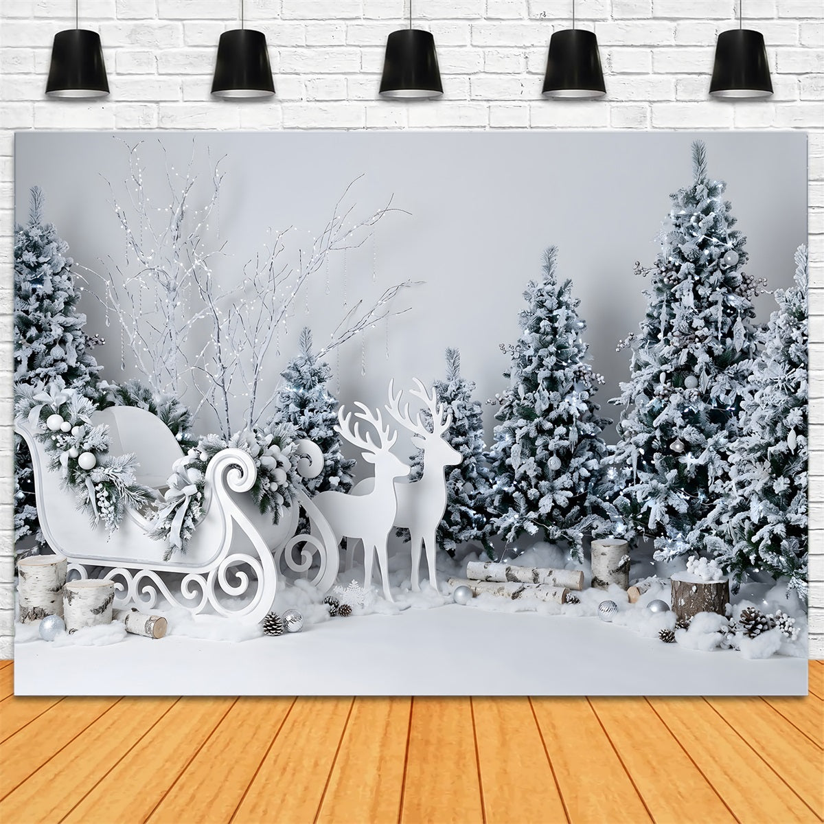 Christmas Winter Backdrop Crystal White Sleigh Reindeer Forest Christmas Backdrops UK CEM65-189