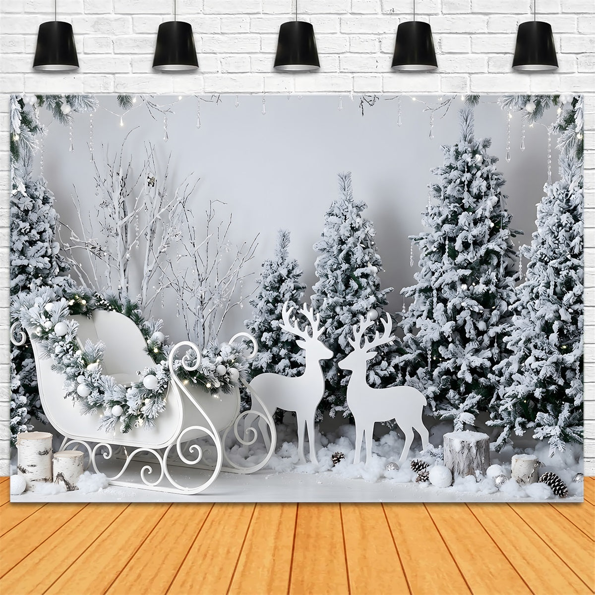 White Christmas Backdrop Frosted White Sleigh Reindeer Woodland Christmas Photo Backdrop UK CEM65-190