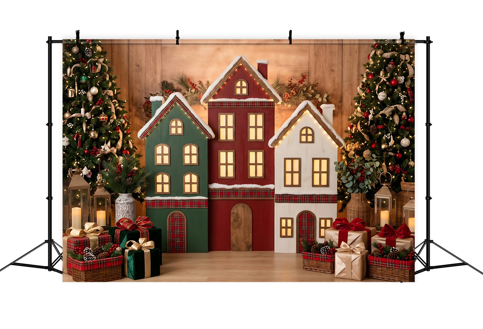 Christmas Ornament Backdrop Plaid Village Houses Glowing Trees Christmas Backdrop For Photos UK CEM65-191