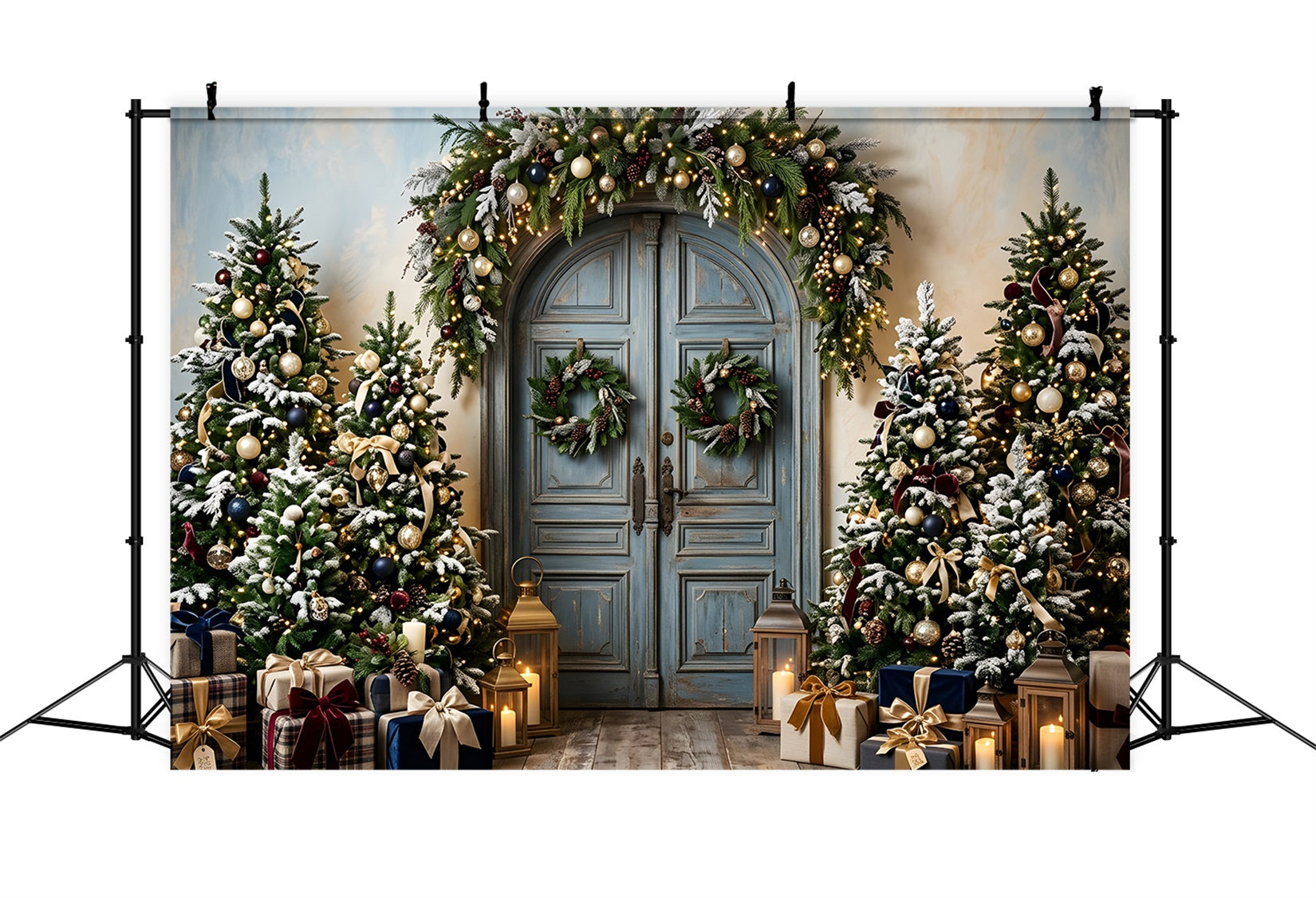 Photo Backdrops Christmas Vintage Blue Door Frosted Trees Christmas Backdrop Ideas UK CEM65-192