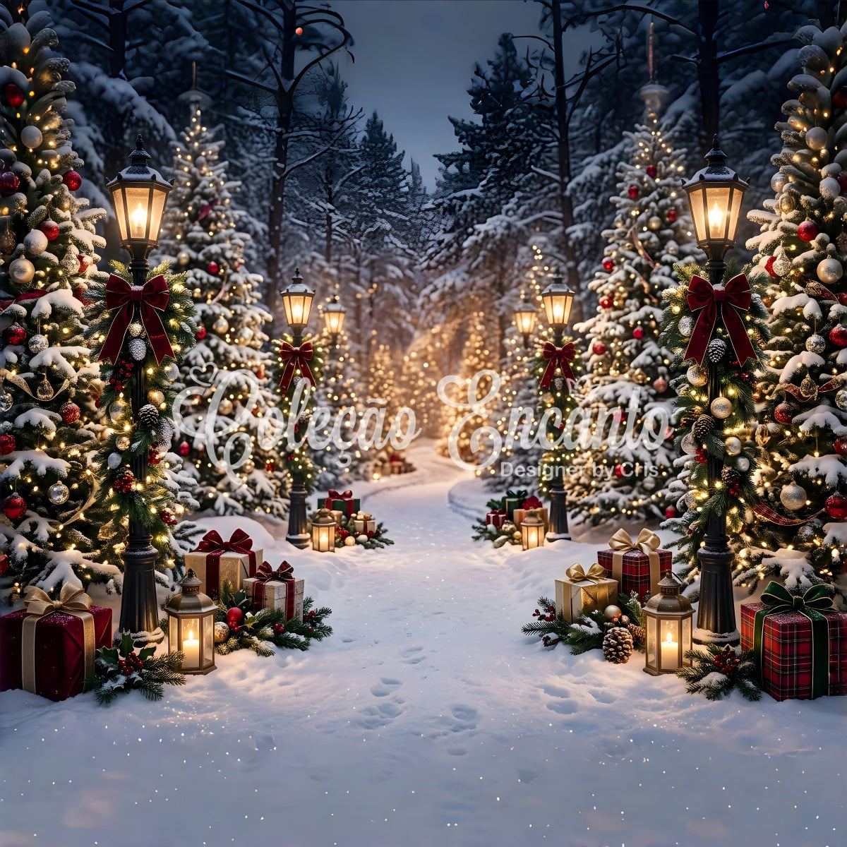 Christmas Backdrop Outdoor Snowy Lantern Forest Gift Path Christmas Photo Backdrops UK CEM65-193