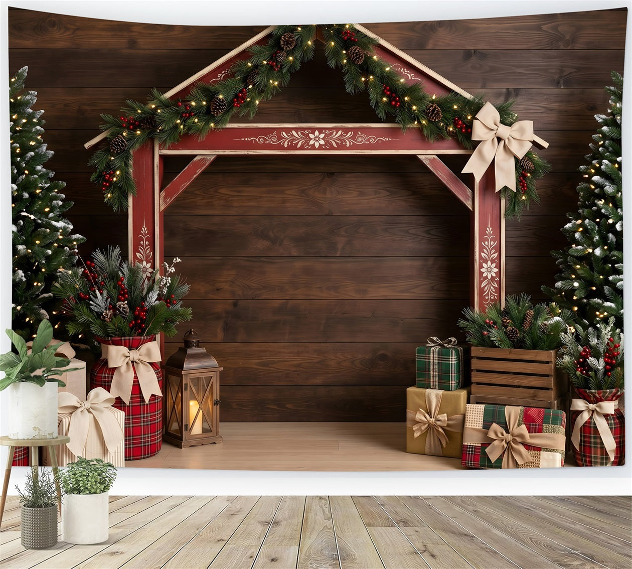 Dark Christmas Backdrop Rustic Red Market Stall Professional Christmas Backdrops UK CEM65-197