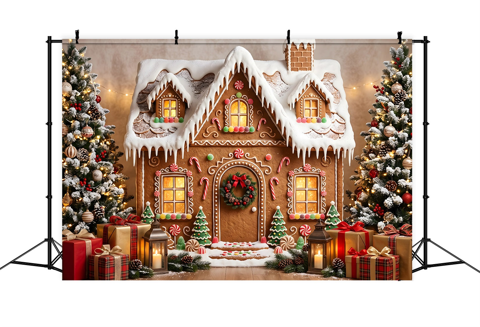 Gingerbread Christmas Backdrop Snowy Gingerbread Cottage Gift Christmas Photography Backdrops UK CEM65-198