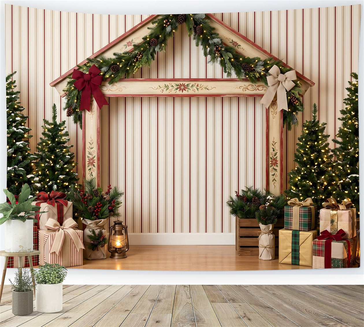 Christmas Wall Backdrops Striped Holiday Market Stall Christmas Photo Backdrop Ideas UK CEM65-201