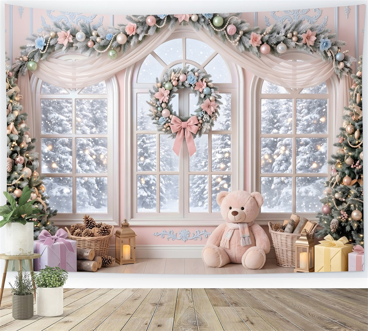 Pink Christmas Backdrop Pastel Floral Window Teddy Christmas Backdrop Design UK CEM65-204